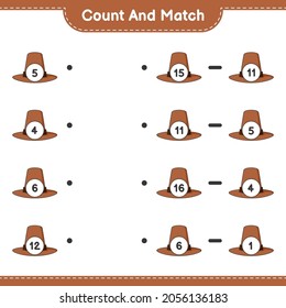Count and match, count the number of Hat and match with the right numbers. Educational children game, printable worksheet, vector illustration