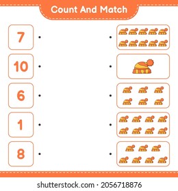 Count and match, count the number of Hat and match with the right numbers. Educational children game, printable worksheet, vector illustration