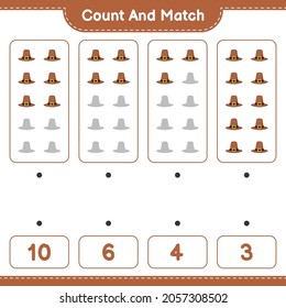 Count and match, count the number of Hat and match with the right numbers. Educational children game, printable worksheet, vector illustration