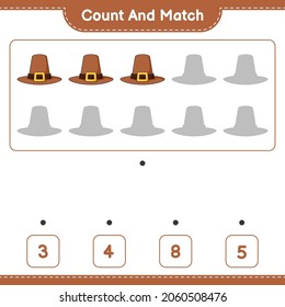 Count and match, count the number of Hat and match with the right numbers. Educational children game, printable worksheet, vector illustration