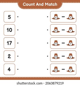 Count and match, count the number of Hat and match with the right numbers. Educational children game, printable worksheet, vector illustration