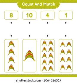 Contar y coincidir, contar el número de Hat y coincidir con los números correctos. Juego infantil educativo, hoja de cálculo imprimible, ilustración vectorial