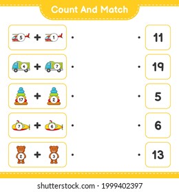 Count and match, count the number of Helicopter, Lorry, Pyramid Toy, Submarine, Teddy Bear and match with the right numbers. Educational children game, printable worksheet, vector illustration