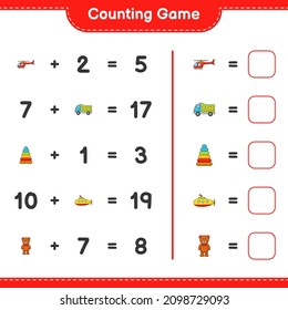 Cuenta y coteja, cuenta el número de Helicóptero, Camión, Juguete Pirámide, Submarino, Oso de peluche y concuerda con los números correctos. Juego infantil educativo, hoja de cálculo imprimible, ilustración vectorial