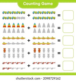 Count and match, count the number of Helicopter, Lorry, Pyramid Toy, Submarine, Teddy Bear and match with the right numbers. Educational children game, printable worksheet, vector illustration