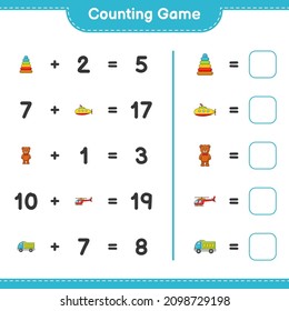 Count and match, count the number of Helicopter, Lorry, Pyramid Toy, Submarine, Teddy Bear and match with the right numbers. Educational children game, printable worksheet, vector illustration