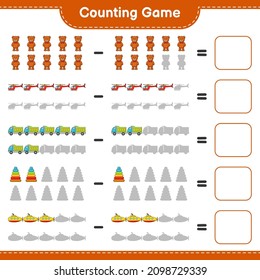 Count and match, count the number of Helicopter, Lorry, Pyramid Toy, Submarine, Teddy Bear and match with the right numbers. Educational children game, printable worksheet, vector illustration