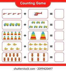 Count and match, count the number of Helicopter, Lorry, Pyramid Toy, Submarine, Teddy Bear and match with the right numbers. Educational children game, printable worksheet, vector illustration