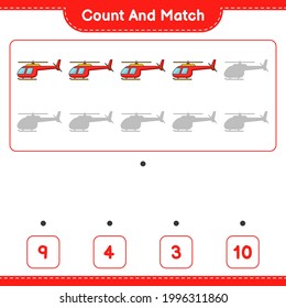 Contar y coincidir, contar el número de helicóptero y coincidir con los números correctos. Juego infantil educativo, hoja de cálculo imprimible, ilustración vectorial