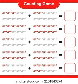 Contar y coincidir, contar el número de helicóptero y coincidir con los números correctos. Juego infantil educativo, hoja de cálculo imprimible, ilustración vectorial