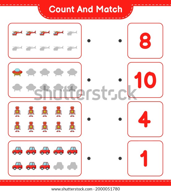 Count and match,\
count the number of Helicopter, Ufo, Robot Character, Car and match\
with the right numbers. Educational children game, printable\
worksheet, vector\
illustration