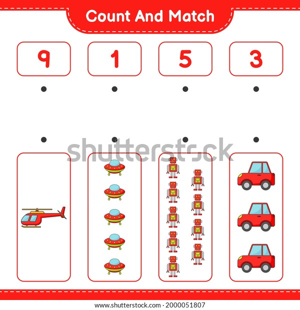 Count and match,\
count the number of Helicopter, Ufo, Robot Character, Car and match\
with the right numbers. Educational children game, printable\
worksheet, vector\
illustration
