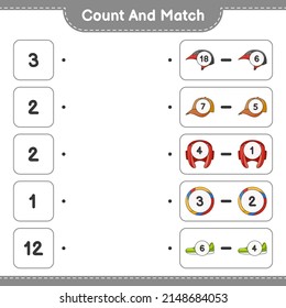 Count and match, count the number of Helmet, Gloves, Cap Hat, Volleyball, Sneaker and match with the right numbers. Educational children game, printable worksheet, vector illustration