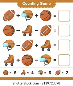Count and match, count the number of Hockey Helmet, Roller Skate, Basketball, Soccer Ball and match with the right numbers. Educational children game, printable worksheet, vector illustration