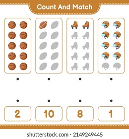 Count and match, count the number of Hockey Helmet, Roller Skate, Basketball, Soccer Ball and match with the right numbers. Educational children game, printable worksheet, vector illustration