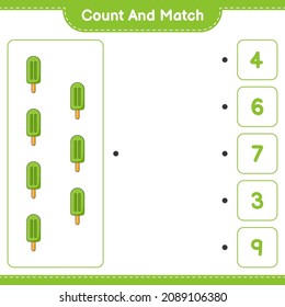 Contar y coincidir, contar el número de helados y coincidir con los números correctos. Juego infantil educativo, hoja de cálculo imprimible, ilustración vectorial
