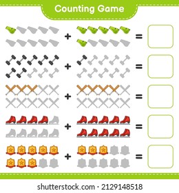 Count and match, count the number of Ice Skates, Whistle, Dumbbell, Baseball Bat, Trophy and match with the right numbers. Educational children game, printable worksheet, vector illustration