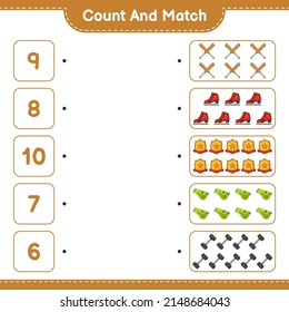 Count and match, count the number of Ice Skates, Whistle, Dumbbell, Baseball Bat, Trophy and match with the right numbers. Educational children game, printable worksheet, vector illustration