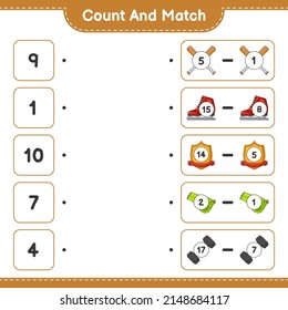Count and match, count the number of Ice Skates, Whistle, Dumbbell, Baseball Bat, Trophy and match with the right numbers. Educational children game, printable worksheet, vector illustration