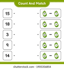 Cuenta y coteja, cuenta el número de Jackfruit y concuerda con los números correctos. Juego infantil educativo, hoja de cálculo imprimible, ilustración vectorial