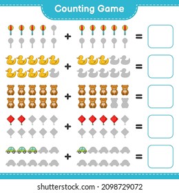 Count and match, count the number of Kite, Car, Baby Rattle, Rubber Duck, Teddy Bear and match with the right numbers. Educational children game, printable worksheet, vector illustration