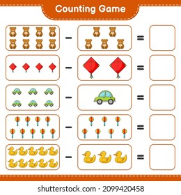 Count and match, count the number of Kite, Car, Baby Rattle, Rubber Duck, Teddy Bear and match with the right numbers. Educational children game, printable worksheet, vector illustration