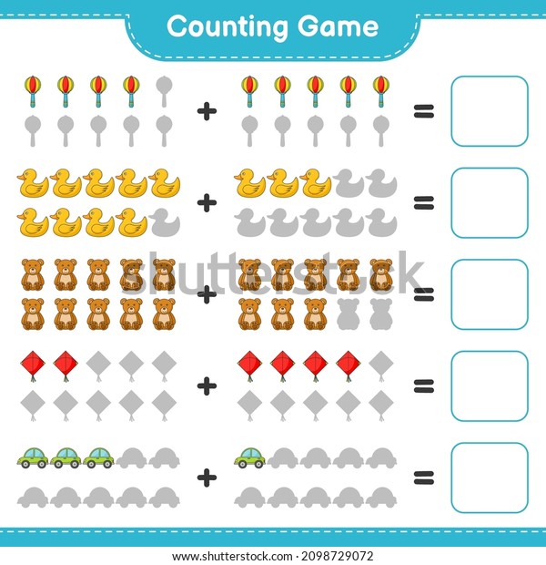 Count and\
match, count the number of Kite, Car, Baby Rattle, Rubber Duck,\
Teddy Bear and match with the right numbers. Educational children\
game, printable worksheet, vector\
illustration