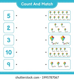 Contar y coincidir, contar el número de cometas y coincidir con los números correctos. Juego infantil educativo, hoja de cálculo imprimible, ilustración vectorial