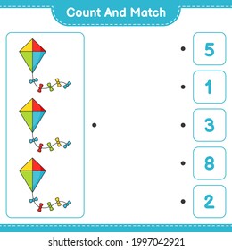 Count and match, count the number of Kite and match with the right numbers. Educational children game, printable worksheet, vector illustration