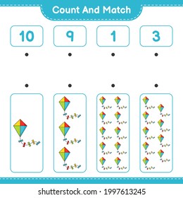 Count and match, count the number of Kite and match with the right numbers. Educational children game, printable worksheet, vector illustration