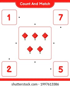 Contar y coincidir, contar el número de cometas y coincidir con los números correctos. Juego infantil educativo, hoja de cálculo imprimible, ilustración vectorial