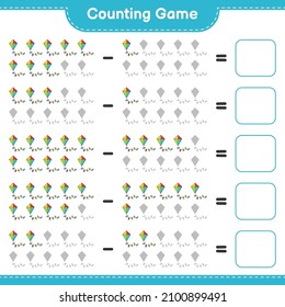 Contar y coincidir, contar el número de cometas y coincidir con los números correctos. Juego infantil educativo, hoja de cálculo imprimible, ilustración vectorial