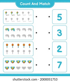 Count and match, count the number of Kite, Water Gun, Baby Rattle, Pacifier and match with the right numbers. Educational children game, printable worksheet, vector illustration