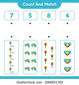 Count and match, count the number of Kite, Water Gun, Baby Rattle, Pacifier and match with the right numbers. Educational children game, printable worksheet, vector illustration