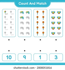Count and match, count the number of Kite, Water Gun, Baby Rattle, Pacifier and match with the right numbers. Educational children game, printable worksheet, vector illustration