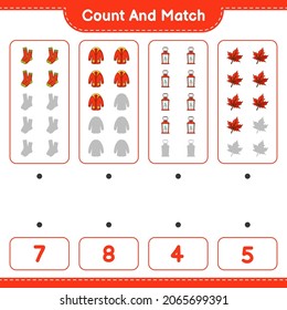 Count and match, count the number of Lantern, Socks, Warm Clothes, Maple Leaf and match with the right numbers. Educational children game, printable worksheet, vector illustration
