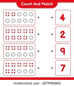 Count and match, count the number of Lifebuoy and match with the right numbers. Educational children game, printable worksheet, vector illustration