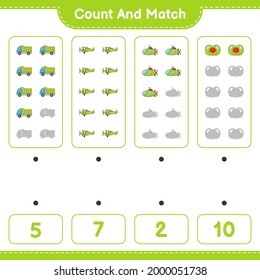 Contar y coincidir, contar el número de Camión, Avión, Submarino, Pacificador y coincidir con los números correctos. Juego infantil educativo, hoja de cálculo imprimible, ilustración vectorial
