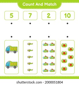 Count and match, count the number of Lorry, Plane, Submarine, Pacifier and match with the right numbers. Educational children game, printable worksheet, vector illustration