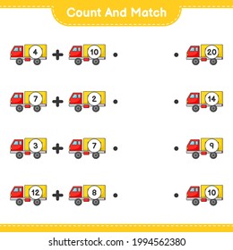 Contar y coincidir, contar el número de Camión y coincidir con los números correctos. Juego infantil educativo, hoja de cálculo imprimible, ilustración vectorial