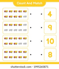 Contar y coincidir, contar el número de Camión y coincidir con los números correctos. Juego infantil educativo, hoja de cálculo imprimible, ilustración vectorial