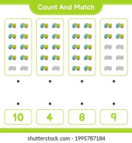 Count and match, count the number of Lorry and match with the right numbers. Educational children game, printable worksheet, vector illustration