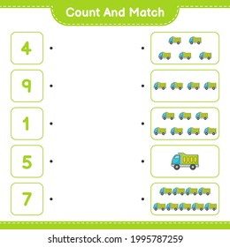 Count and match, count the number of Lorry and match with the right numbers. Educational children game, printable worksheet, vector illustration
