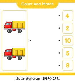 Count and match, count the number of Lorry and match with the right numbers. Educational children game, printable worksheet, vector illustration