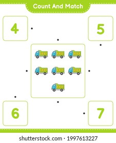 Contar y coincidir, contar el número de Camión y coincidir con los números correctos. Juego infantil educativo, hoja de cálculo imprimible, ilustración vectorial