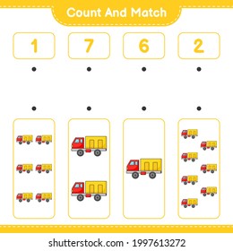 Contar y coincidir, contar el número de Camión y coincidir con los números correctos. Juego infantil educativo, hoja de cálculo imprimible, ilustración vectorial