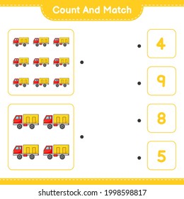 Count and match, count the number of Lorry and match with the right numbers. Educational children game, printable worksheet, vector illustration