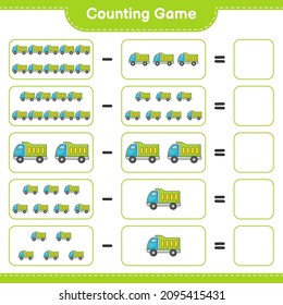 Contar y coincidir, contar el número de Camión y coincidir con los números correctos. Juego infantil educativo, hoja de cálculo imprimible, ilustración vectorial