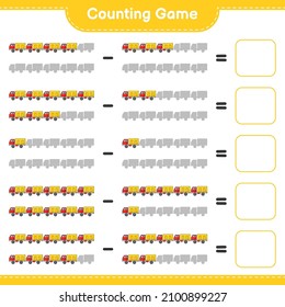 Contar y coincidir, contar el número de Camión y coincidir con los números correctos. Juego infantil educativo, hoja de cálculo imprimible, ilustración vectorial
