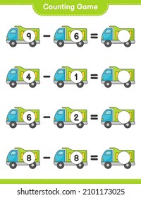 Contar y coincidir, contar el número de Camión y coincidir con los números correctos. Juego infantil educativo, hoja de cálculo imprimible, ilustración vectorial